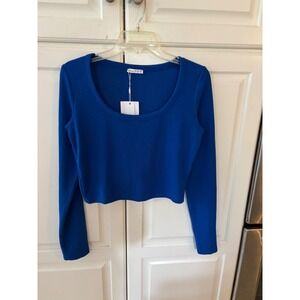 Bershka Ribbed Cropped Long Sleeve Top Royal Blue Women's Size L